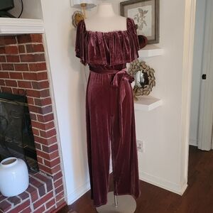 Eloquii Elegant Velvet Off-Shoulder Jumpsuit in Burgundy Size 14